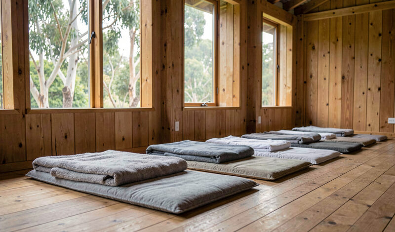 A row of meditation cushions and folded blankets in a plain hall with tall windows and gum trees outside.